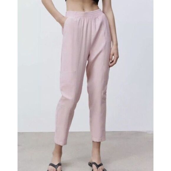 Zara Pants - Zara  Womens Pink Relaxed Viscose Cargo Straight Leg Pull On Pants Size Large